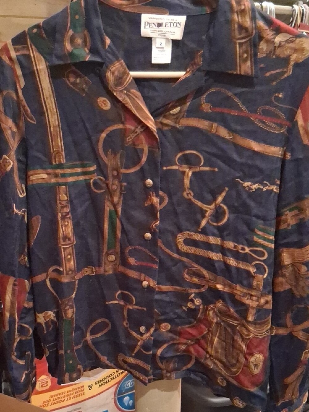 Pendleton Navy Button-Down Shirt with Brown & Green Equestrian Print - Picture 3 of 7